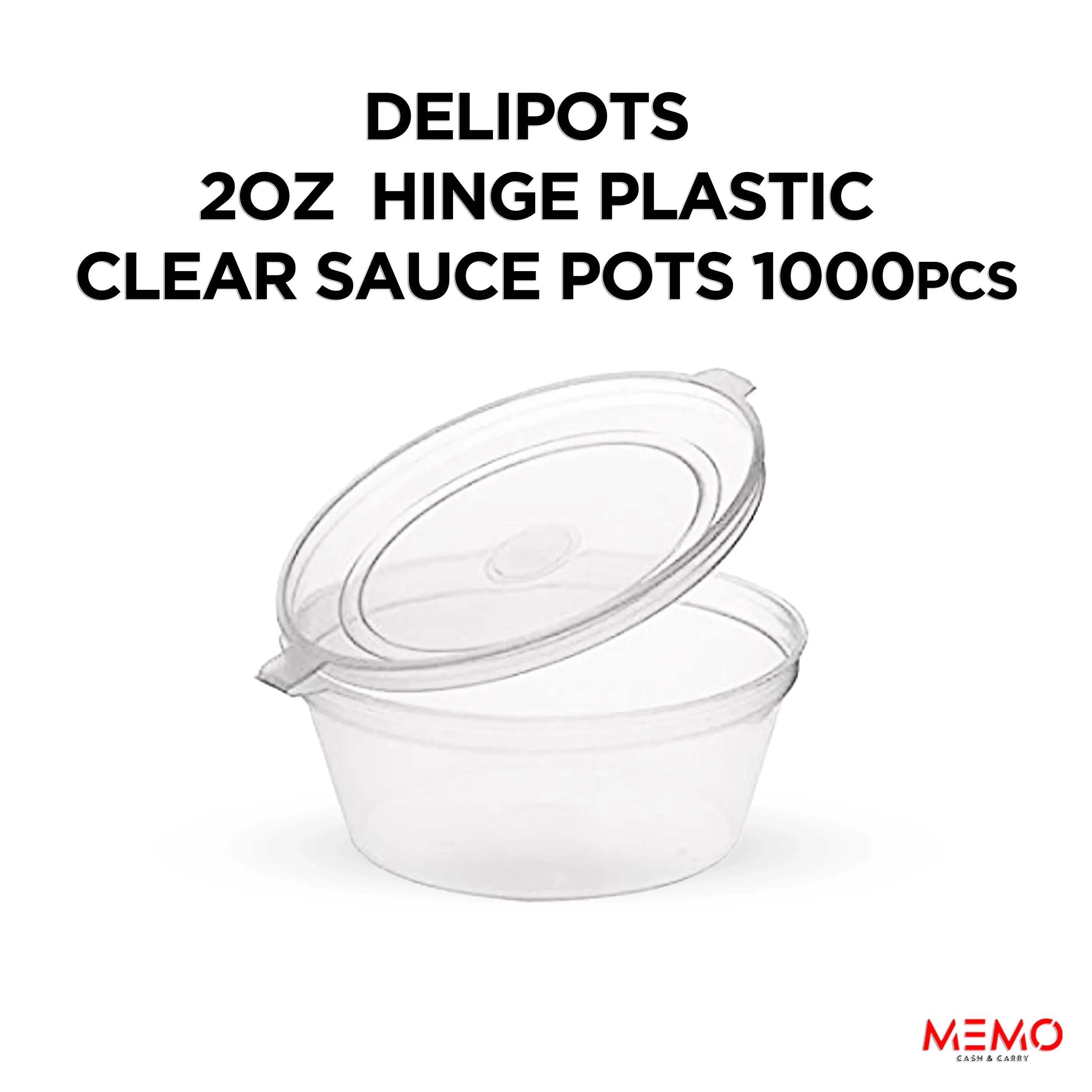 Delipots 2oz Hinge Plastic Sauce Pots — 1000 pcs case, leakproof condiment containers, UK wholesale for takeaways and food service