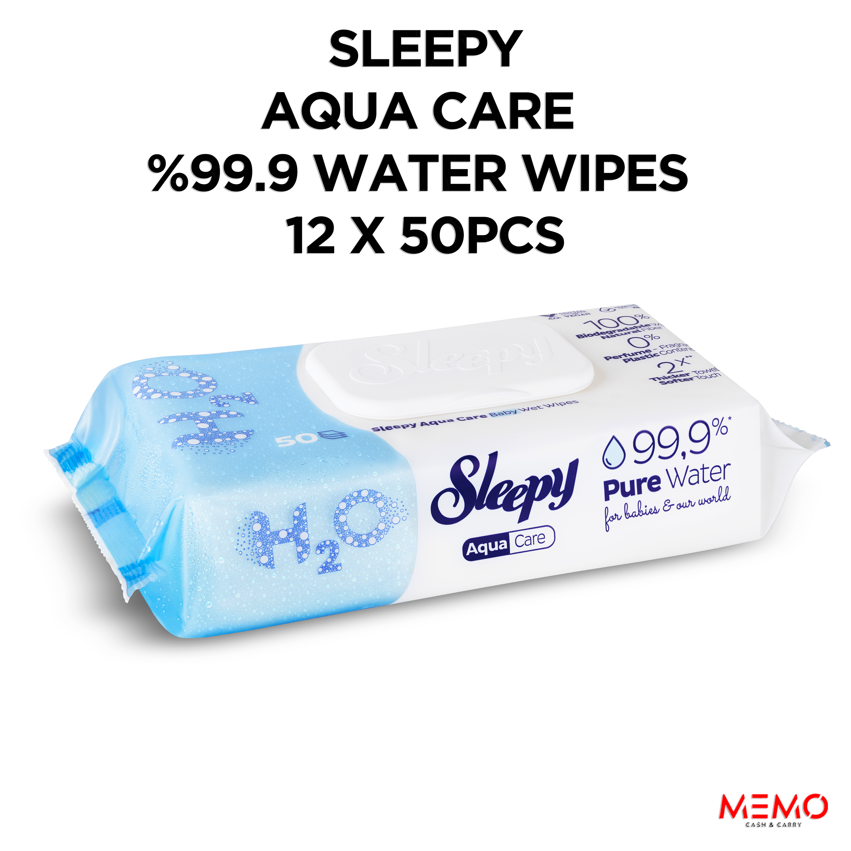 Sleepy Aqua Care Baby Water Wipes — 12 x 50 pcs case, 99.9% pure water, dermatologically tested for sensitive newborn skin, UK wholesale