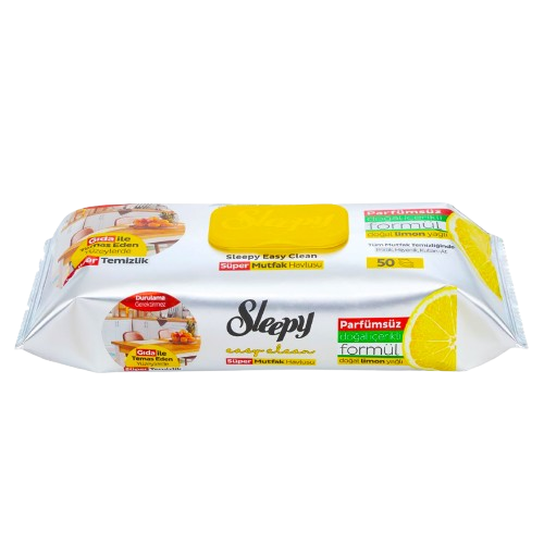 Sleepy Easy Clean Lemon Oil kitchen wet towels — 12 x 50 case, lemon oil degreaser, UK wholesale