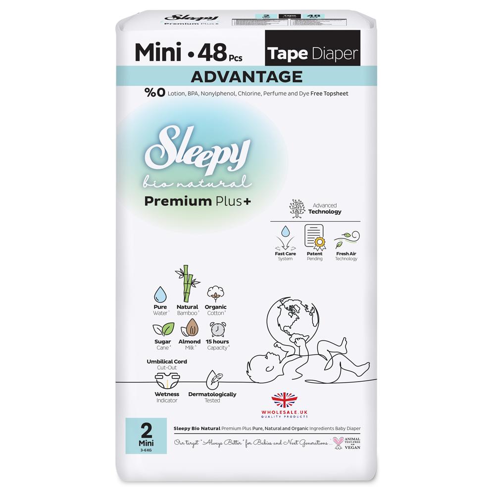 Sleepy Bio Natural Baby Nappies Size 2 Mini — 48 pcs pack, 3-6kg, dermatologically tested, UK wholesale nappies