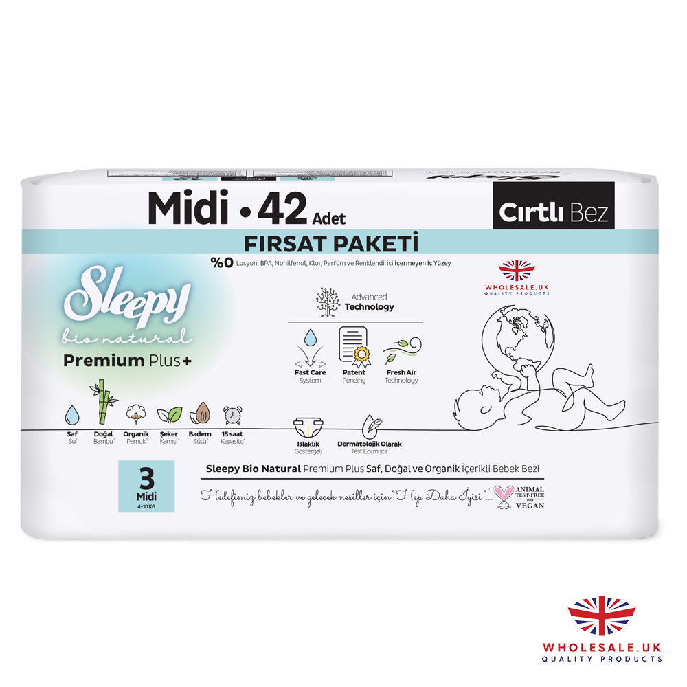 Sleepy Bio Natural Baby Nappies Size 3 Midi — 42 pcs pack, 4-10kg, dermatologically tested, UK wholesale nappies