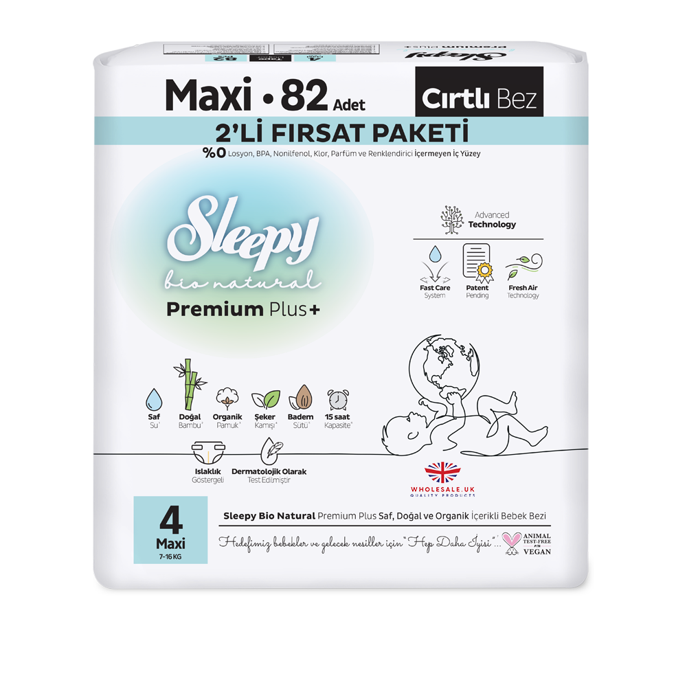 Sleepy Bio Natural Baby Nappies Size 4 Maxi — 82 pcs pack, 7-16kg, dermatologically tested, UK wholesale nappies