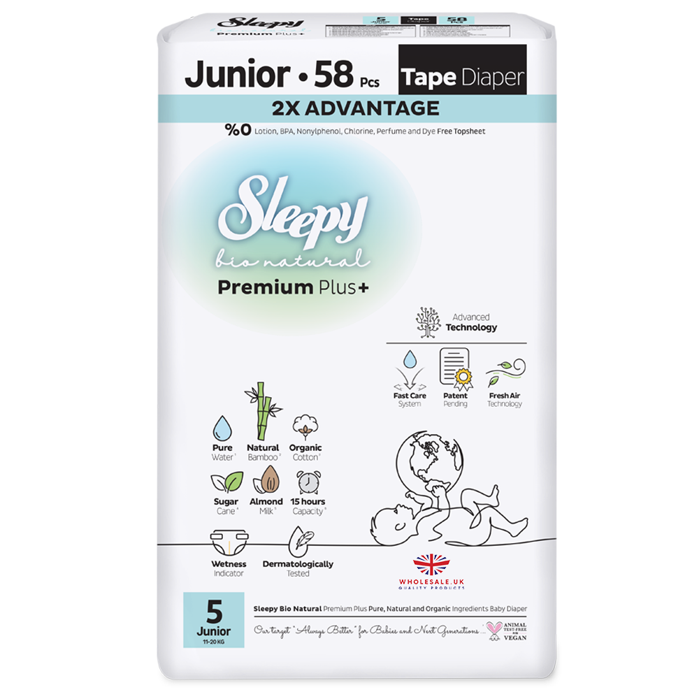 Sleepy Bio Natural Baby Nappies Size 5 Junior — 58 pcs pack, 11-20kg, dermatologically tested, UK wholesale nappies