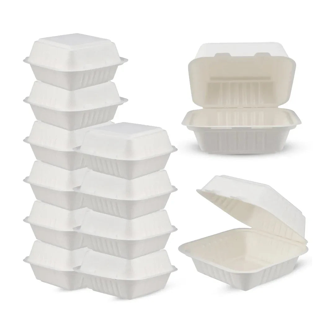 Bagasse Compostable 6x6 inch Hamburger Box — 500 pcs case, eco-friendly takeaway packaging, UK wholesale for burgers and smash burgers