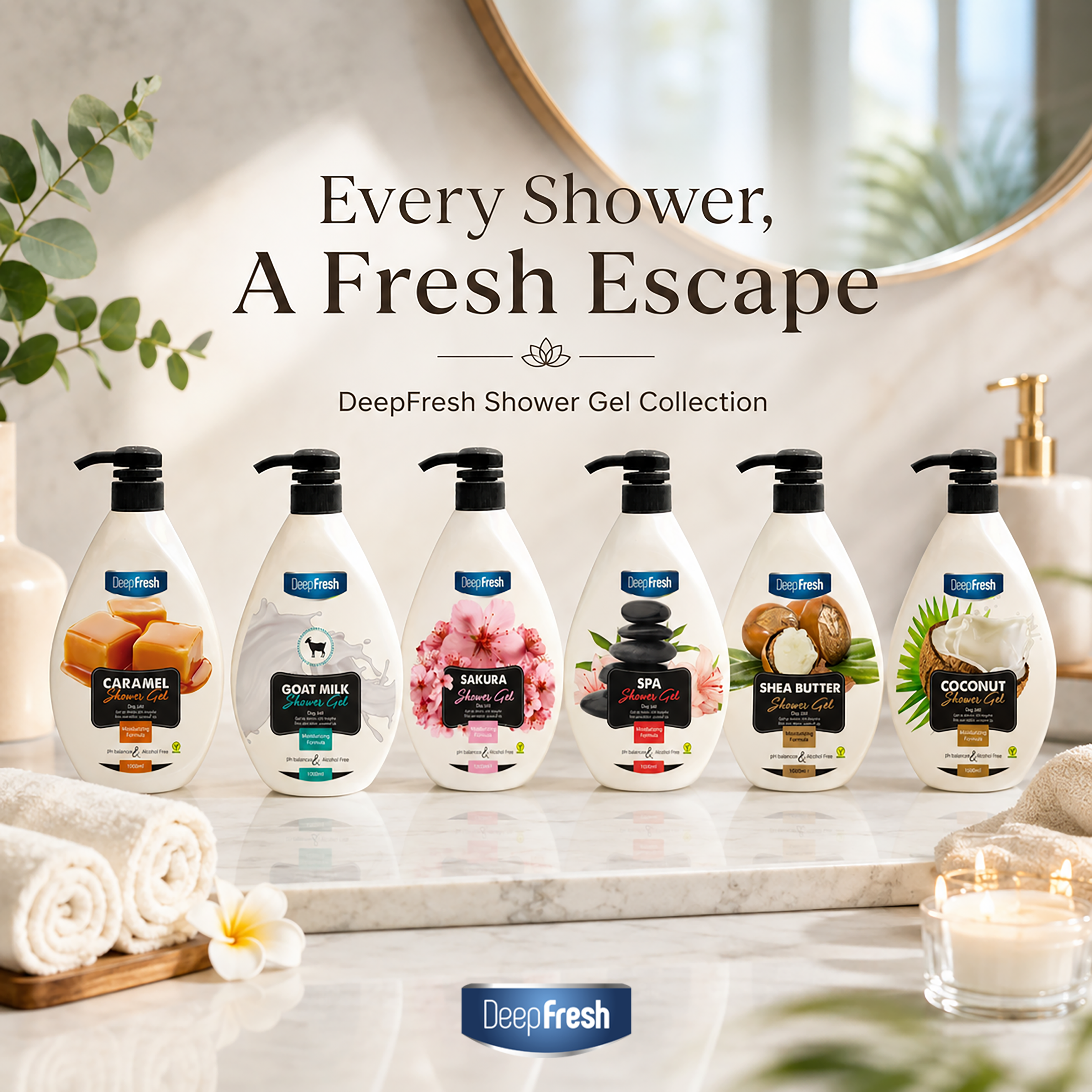 DEEP FRESH 6 X 1000ML SHOWER GELS, Caramel, Spa, Goat Milk, Shea Butter, Sakura and Coconut Shower