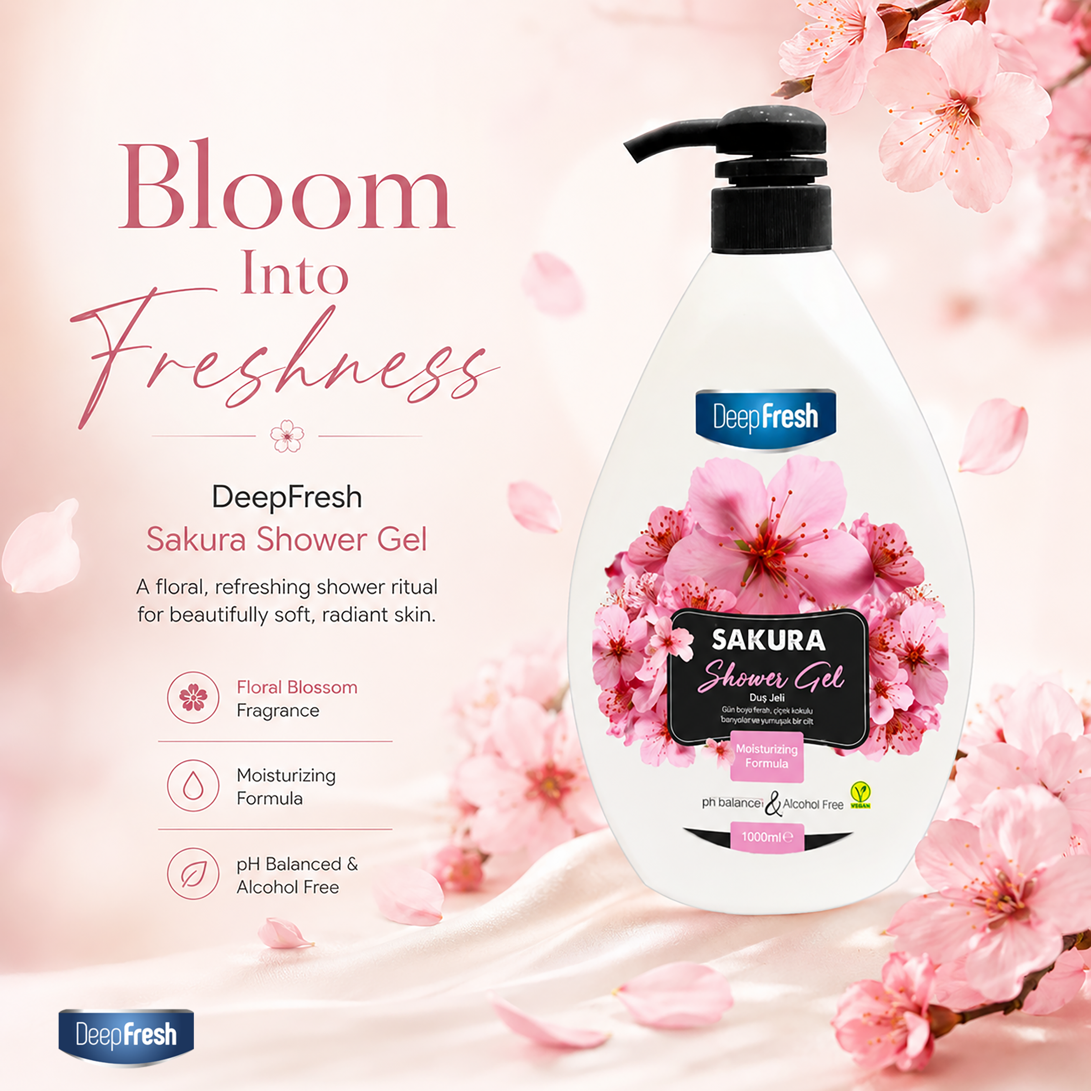 DEEP FRESH 6 X 1000ML SHOWER GELS, Caramel, Spa, Goat Milk, Shea Butter, Sakura and Coconut Shower