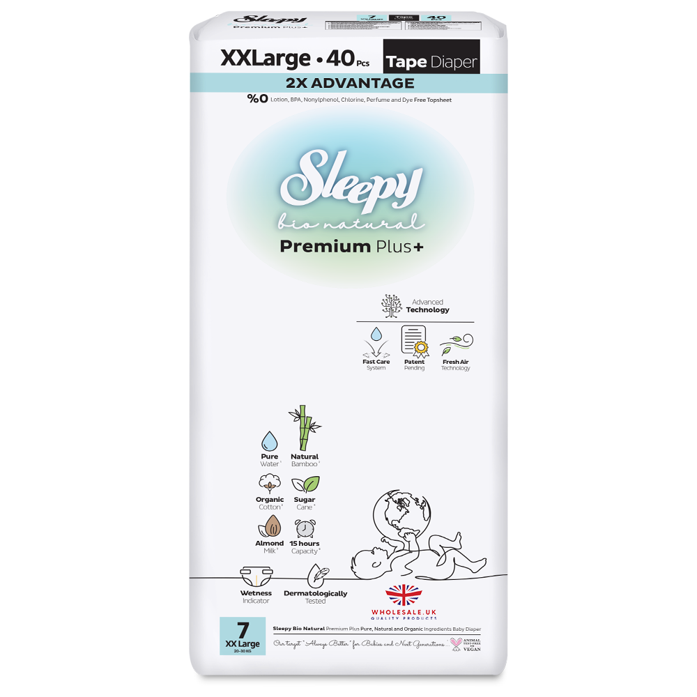 Sleepy Bio Natural Baby Nappies Size 7 XX Large — 40 pcs pack, 20-30kg, dermatologically tested, UK wholesale nappies