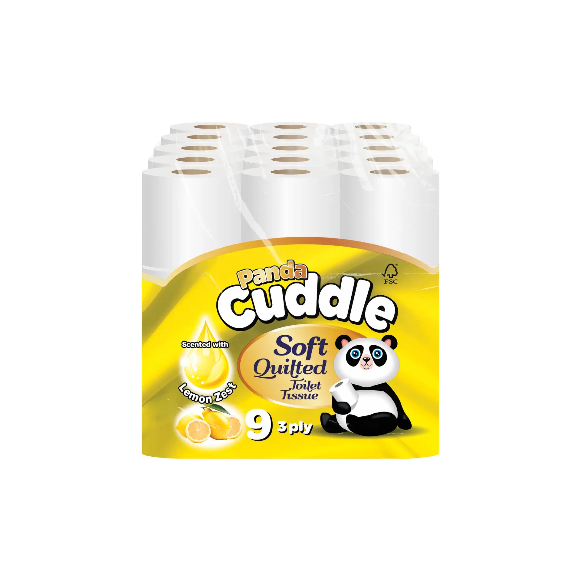 Panda Cuddle Lemon 3-Ply Toilet Rolls 9x5 Pack — 45 rolls bulk case, citrus-scented soft tissue, UK wholesale