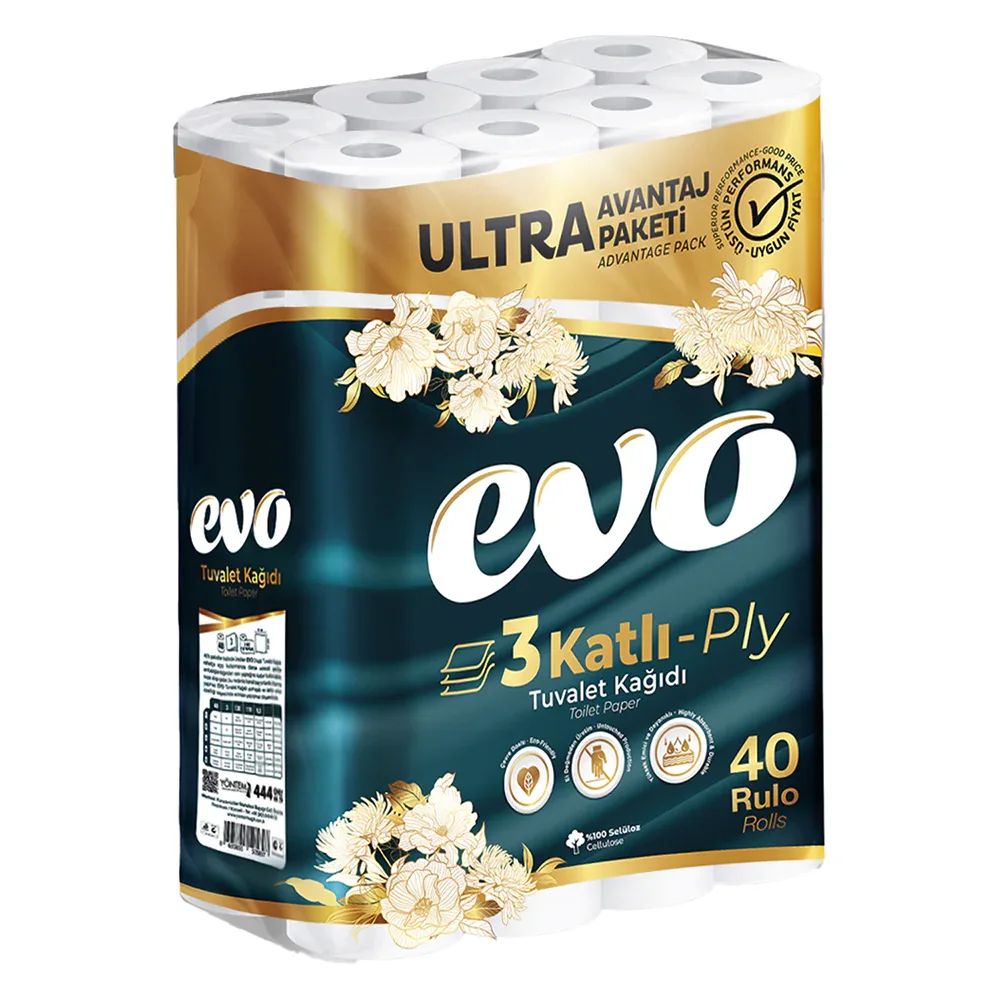 EVO Luxury 3-Ply Toilet Rolls — 40 rolls case, premium soft tissue, UK wholesale for offices and small hospitality sites