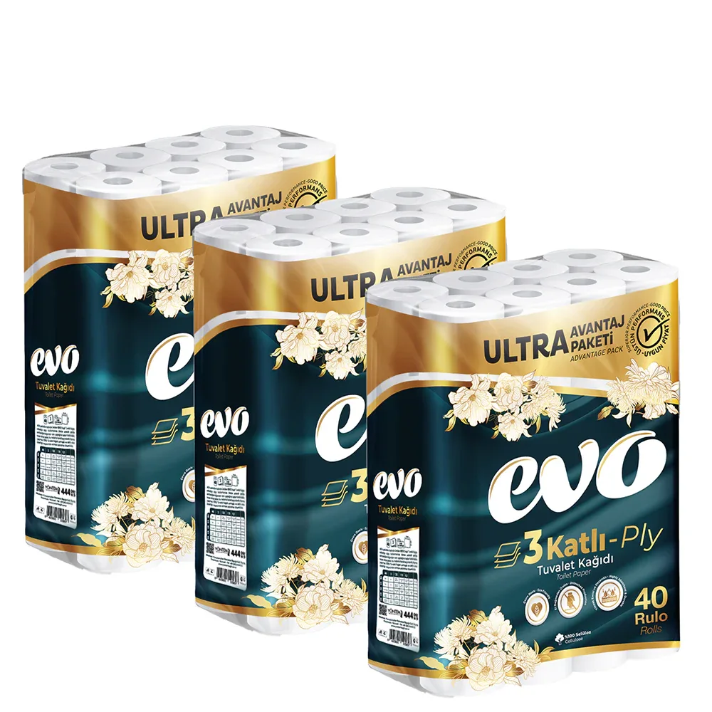 EVO Luxury 3-Ply Toilet Rolls — 120 rolls bulk case, premium soft tissue, UK wholesale for hotels, hospitality and offices