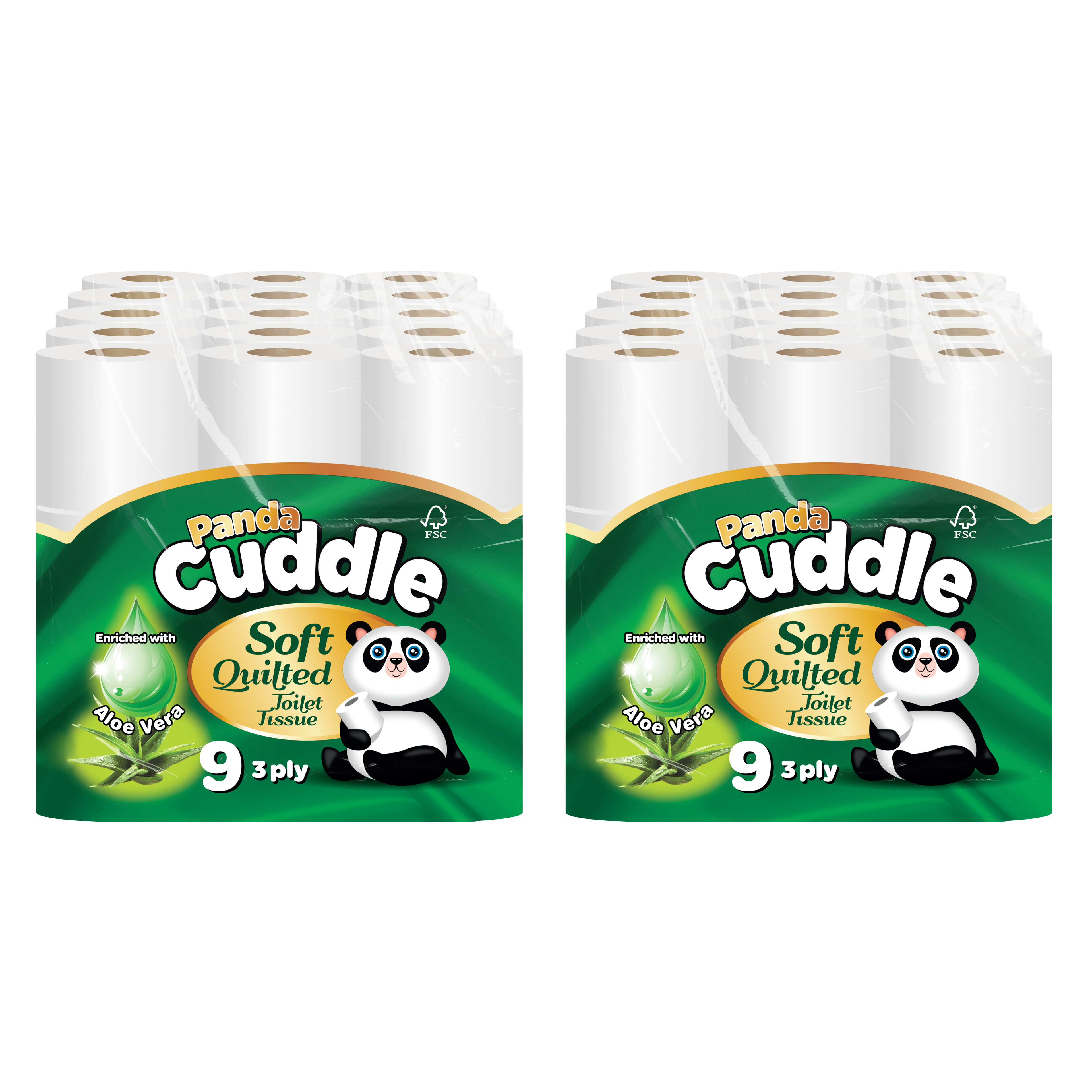 Panda Cuddle 3-Ply Aloe Vera Toilet Rolls — 90 rolls bulk case, aloe-scented soft tissue, UK wholesale
