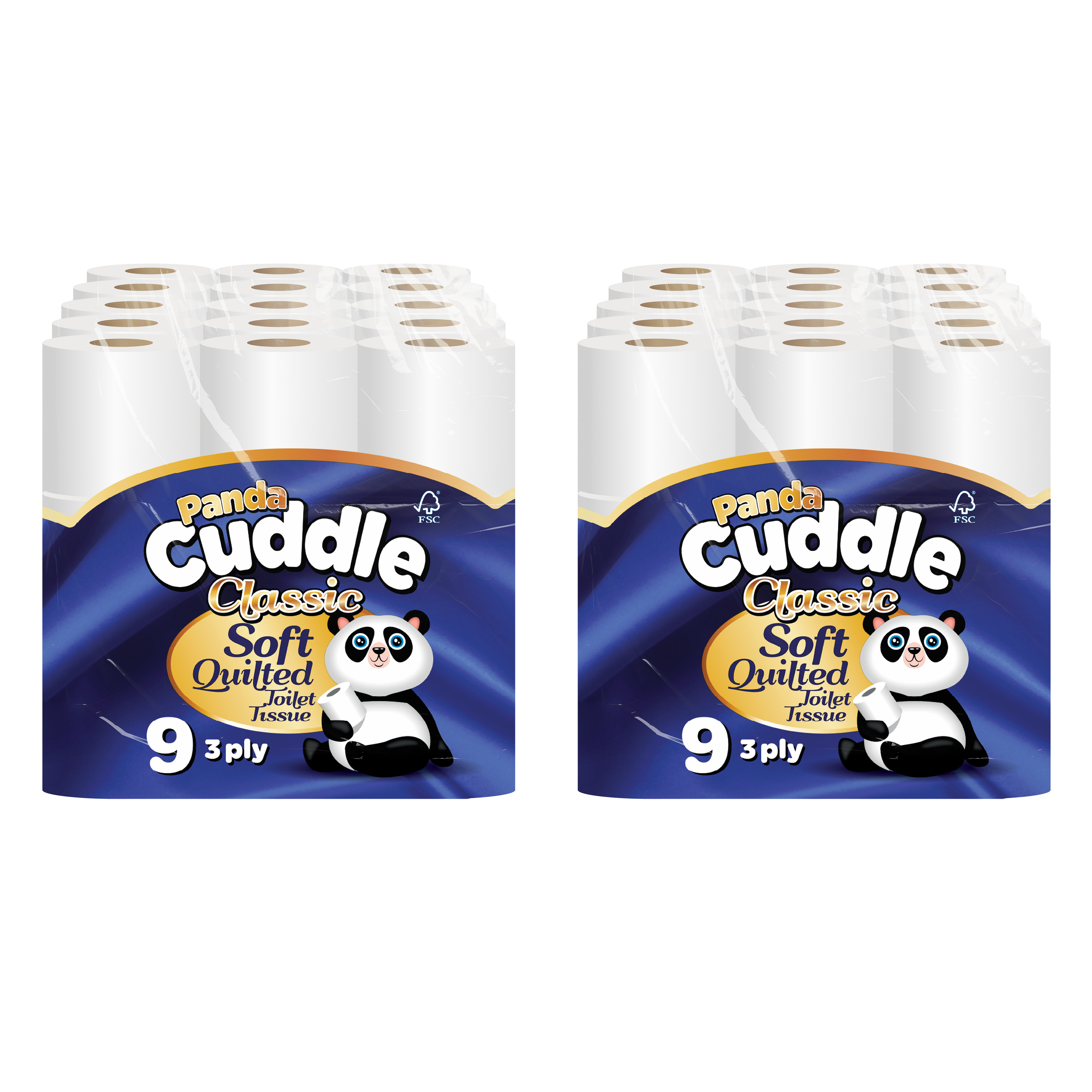 Panda Cuddle 3-Ply Classic Toilet Rolls — 90 rolls bulk case, soft white tissue, UK wholesale for offices, hospitality and home stock