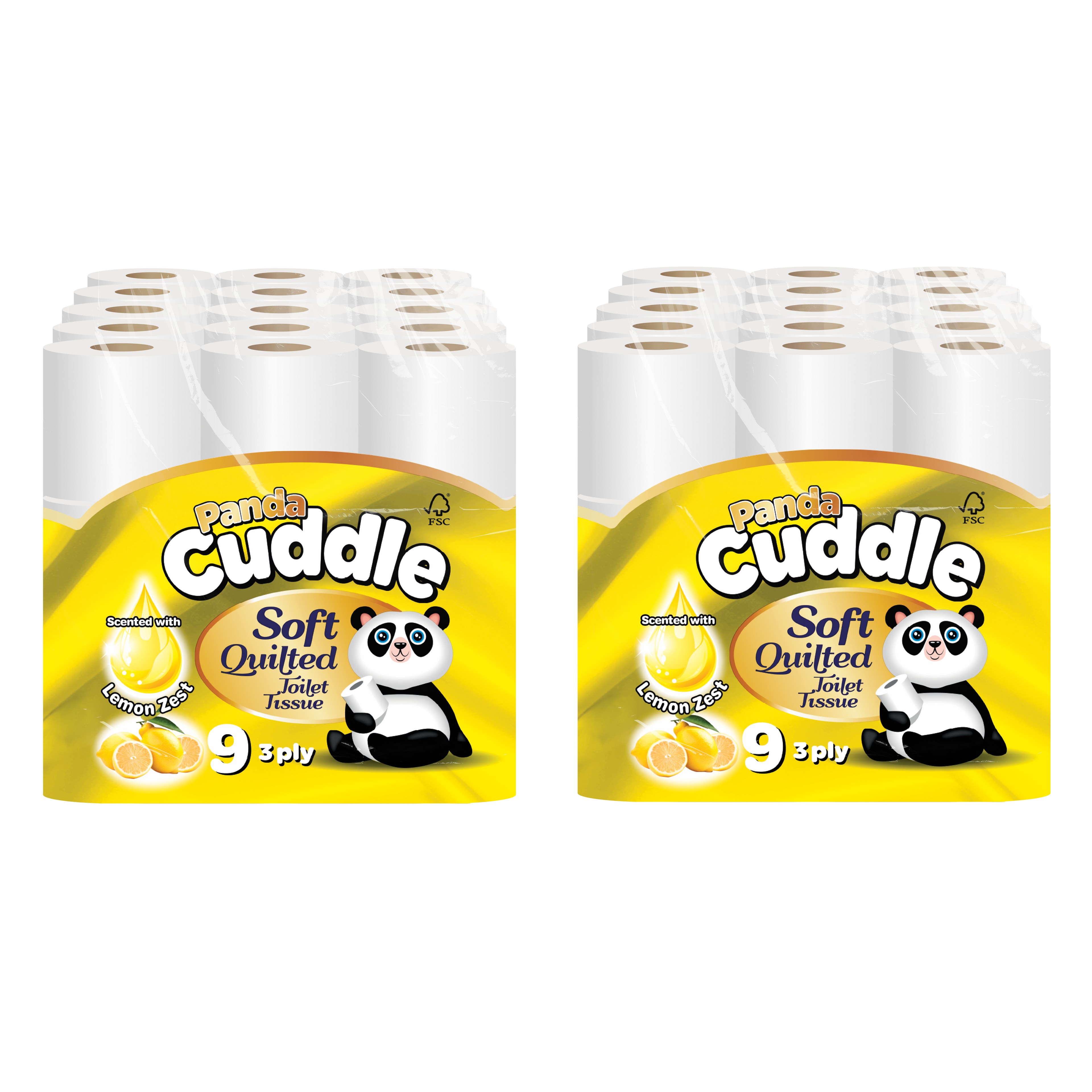 Panda Cuddle 3-Ply Lemon Toilet Rolls — 90 rolls bulk case, citrus-scented soft tissue, UK wholesale