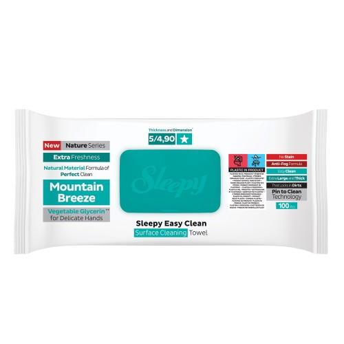 Sleepy Easy Clean Mountain Breeze multi surface wipes — 6 x 100 case, light fresh-air scent, UK wholesale