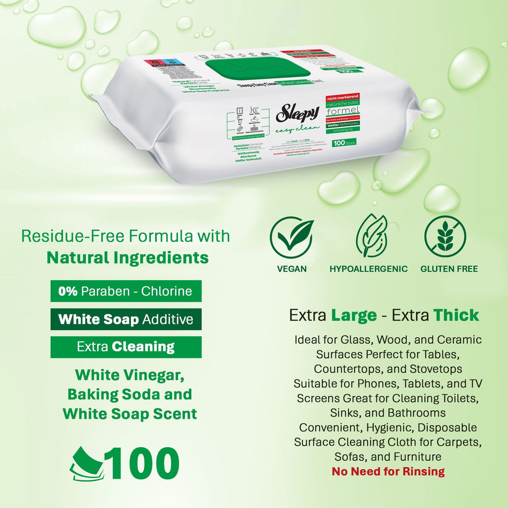Sleepy White Soap Cleaning Wipes — pack detail showing 100 pieces, UK wholesale household cleaning