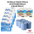 Mixed Hygiene Pallet — 45 x toilet rolls 3-ply, 24 x kitchen rolls, 6 x blue rolls, UK wholesale washroom and kitchen starter pack