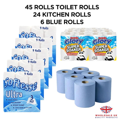 Mixed Hygiene Pallet — 45 x toilet rolls 3-ply, 24 x kitchen rolls, 6 x blue rolls, UK wholesale washroom and kitchen starter pack