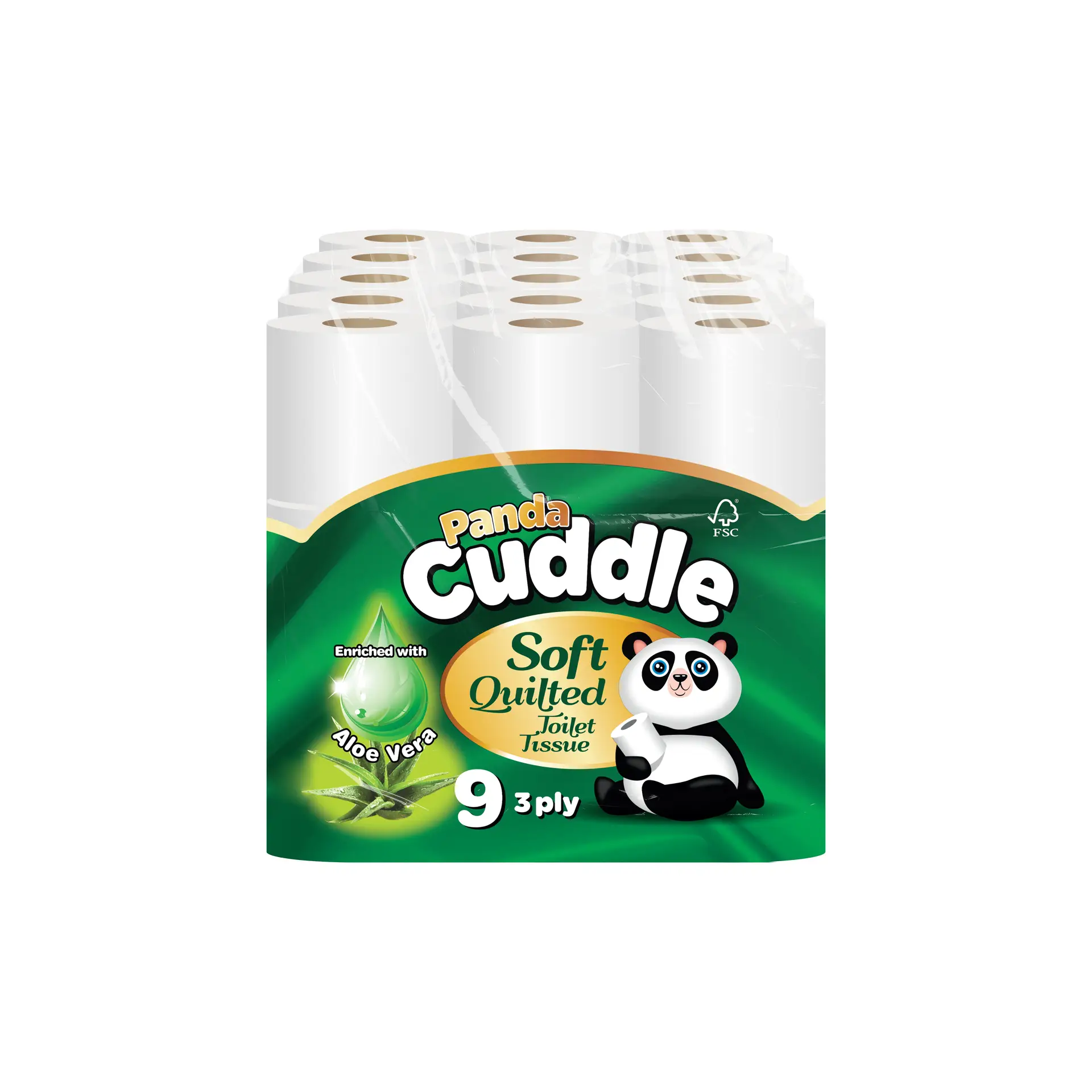 Panda Cuddle Aloe Vera 3-Ply Toilet Rolls 9x5 Pack — 45 rolls bulk case, aloe-scented soft tissue, UK wholesale