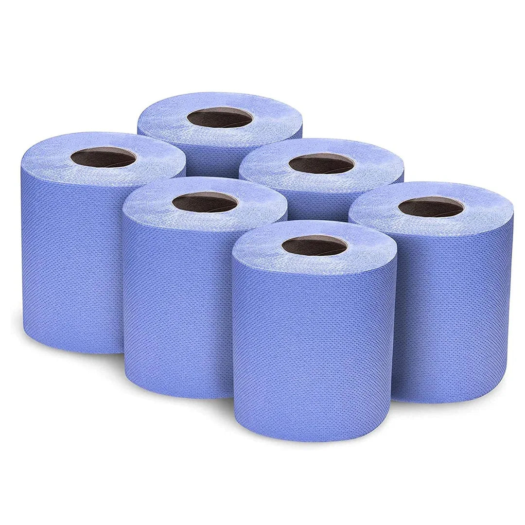 Blue Centrefeed Roll Premium 120m x 6 Pack — UK wholesale industrial paper roll, premium length for commercial kitchens and workshops
