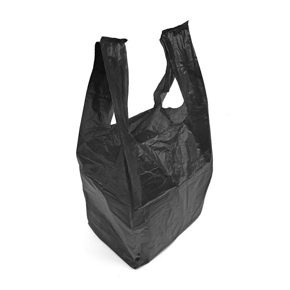 Black Plastic Bottle Carrier Bags 8x13x18 — 1000 unit case, vest carriers for off-licence and convenience retail, UK wholesale