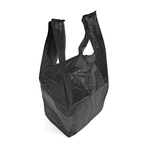 Black Plastic Bottle Carrier Bags 8x13x18 — 1000 unit case, vest carriers for off-licence and convenience retail, UK wholesale